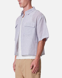MNML Cropped Boxy Stripe Button Up Shirt Blue