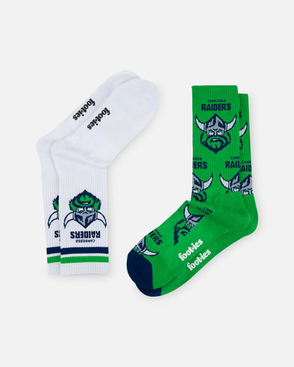 Foot-ies Canberra Raiders Crew Socks 2 Pack Green/White