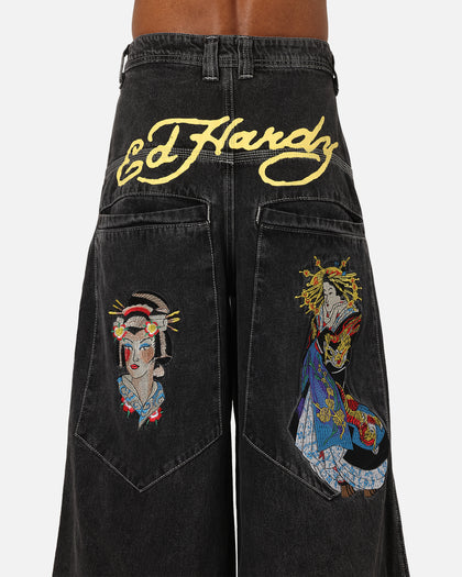 Ed Hardy Ultra Wide Leg Denim Jeans Black/Yellow