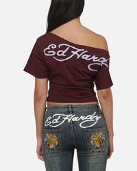 Ed Hardy Women's Off Shoulder T-Shirt Plum