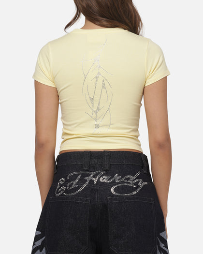 Ed Hardy Women's Cyber Rhinestone Baby T-Shirt Butter Yellow
