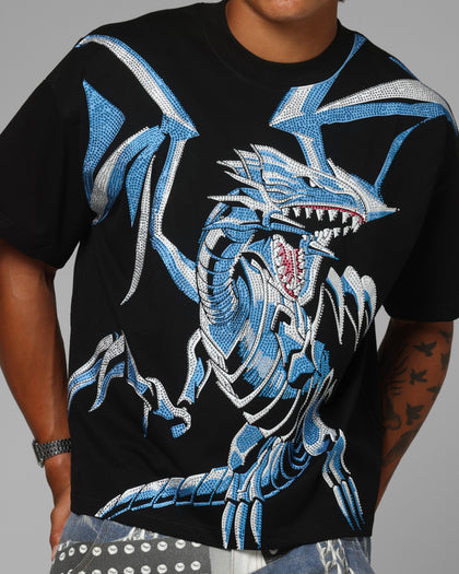 Loiter X Yu-Gi-Oh! Blue Eyes White Dragon Rhinestone T-Shirt Black