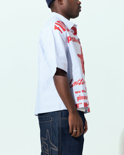 Loiter Riot Squad Button Up T-Shirt Blue Pin Stripe