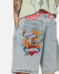 Ed Hardy Brave Hearts Jorts Light Wash Denim