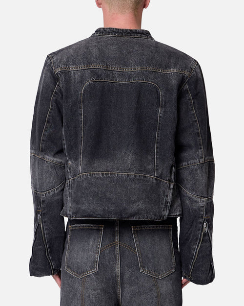 MNML Panelled Moto Denim Jacket Washed Black