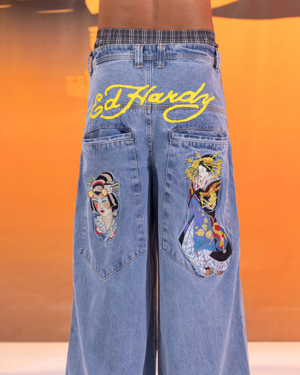 Ed Hardy Ultra Wide Leg Denim Jeans Light Wash Blue