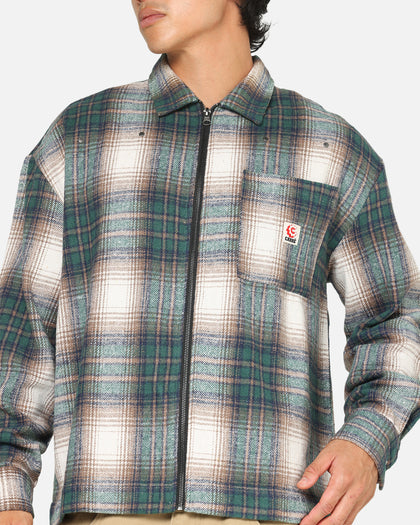 Carre Ombre Zip Up Long Sleeve Shirt Green Plaid
