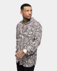 Saint Morta Paisley Skulls Long Sleeve Button Up Shirt Vintage Brown