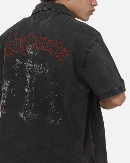 Saint Morta Graves Short Sleeve Button Up T-Shirt Black Shadow