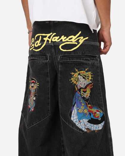 Ed Hardy Ultra Wide Leg Denim Jeans Black/Yellow