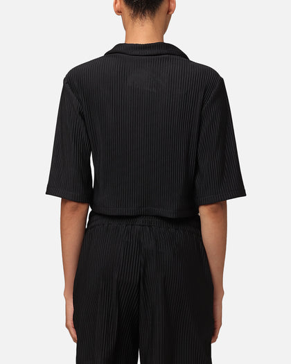 XXIII Women's Cropped Pleated Button Up Shirt Black