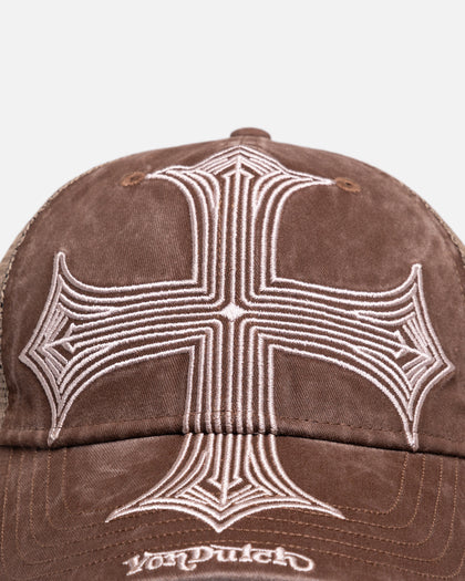 Von Dutch Worn Out Trucker Snapback Hat Washed Brown