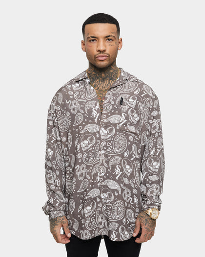 Saint Morta Paisley Skulls Long Sleeve Button Up Shirt Vintage Brown
