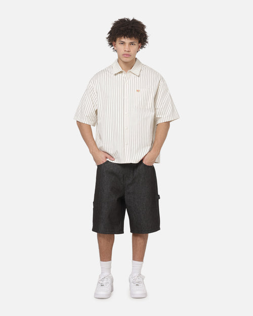 Carre Grid Short Sleeve Button Up Shirt Natural/Brown Pinstripe