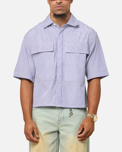 MNML Cropped Striped Short Sleeve Shirt Blue