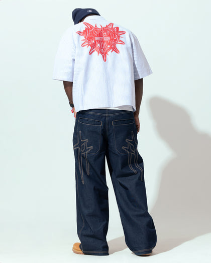Loiter Riot Squad Button Up T-Shirt Blue Pin Stripe