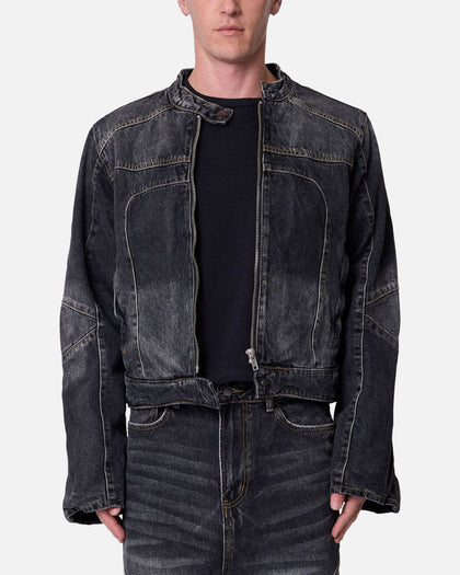 MNML Panelled Moto Denim Jacket Washed Black