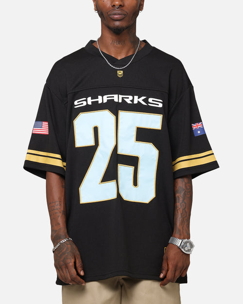 Bleacher Athletic Cronulla Sutherland Sharks NRL 2025 Las Vegas Round Grid Iron T-Shirt Official Team Colour