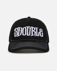 S Double Mid-Block Curved Peak Trucker Strapback Black