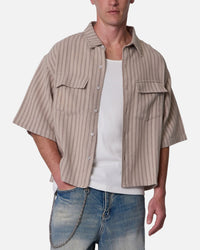 MNML Cropped Boxy Stripe Button Up Shirt Khaki
