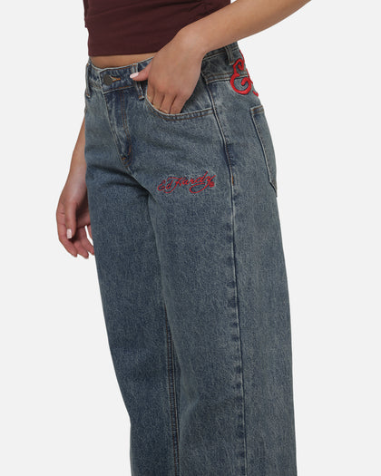 Ed Hardy Women's Death Before Dishonour Jeans Blue Mid Wash