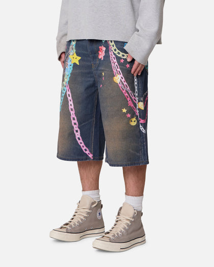 MNML Ultra Baggy Chain Printed Denim Shorts Blue