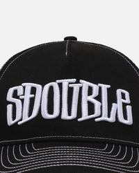 S Double Mid-Block Curved Peak Trucker Strapback Black