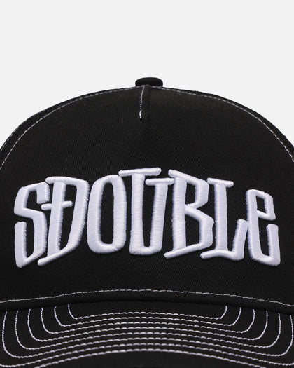 S Double Mid-Block Curved Peak Trucker Strapback Black