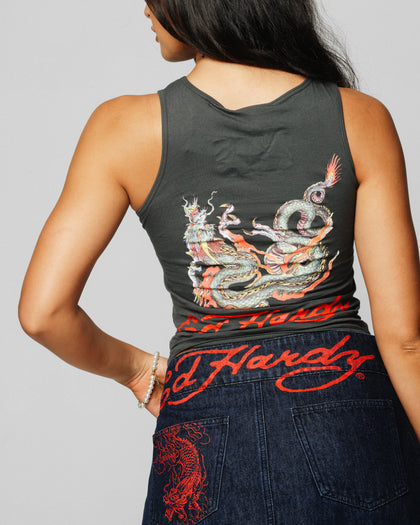 Ed Hardy Women's Ripped Dragon Tank Black