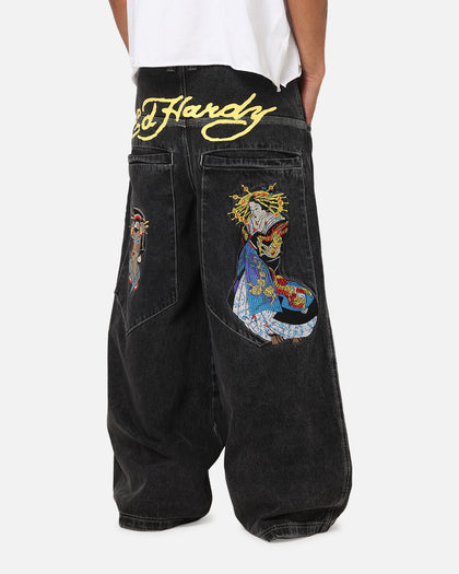 Ed Hardy Ultra Wide Leg Denim Jeans Black/Yellow