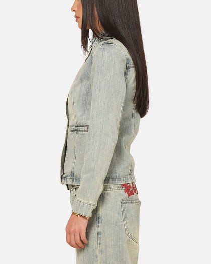 Ed Hardy Women's Vaulted Denim Moto Jacket Vintage Blue