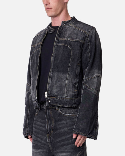 MNML Panelled Moto Denim Jacket Washed Black