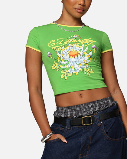Ed Hardy Women's Blooming Baby Ringer T-Shirt Green/Yellow