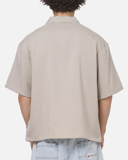 Carre Grid Short Sleeve Button Up Shirt Ecru Check