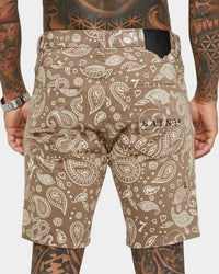 Saint Morta Paisley Skulls Denim Shorts Vintage Brown