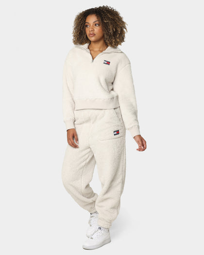 Tommy Jeans Women's Plush Badge Quarter Zip Sweater Stony Beige